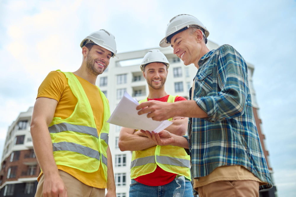 Three men wearing hard hats smiling at plans